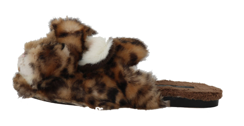 Beige Soft Fur Leopard Mules Slippers