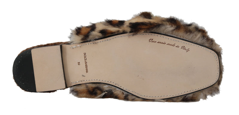 Beige Soft Fur Leopard Mules Slippers