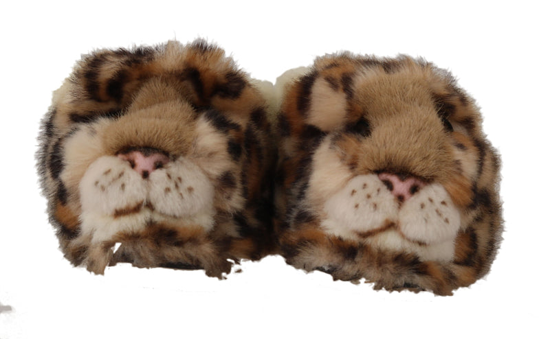 Beige Soft Fur Leopard Mules Slippers