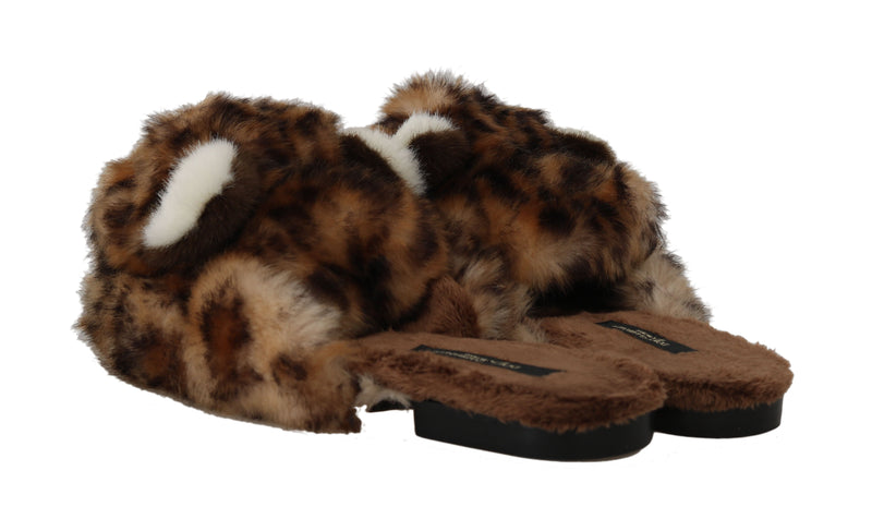 Beige Soft Fur Leopard Mules Slippers