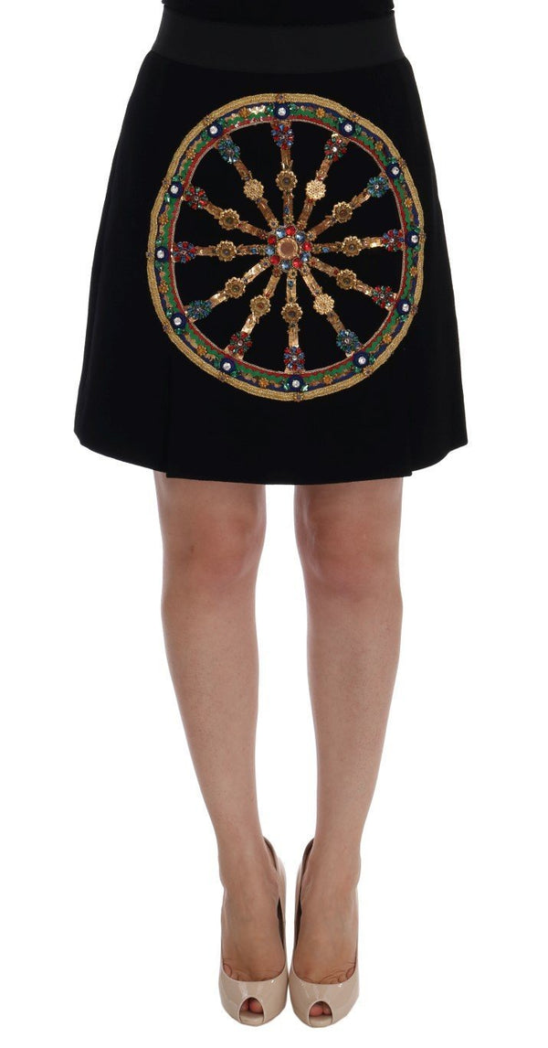 Black Wool Carretto Crystal A-Line Skirt