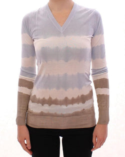 Blue Striped Silk V-neck Sweater