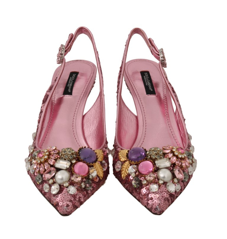 Pink Leather Sequin Crystal Slingback Shoes