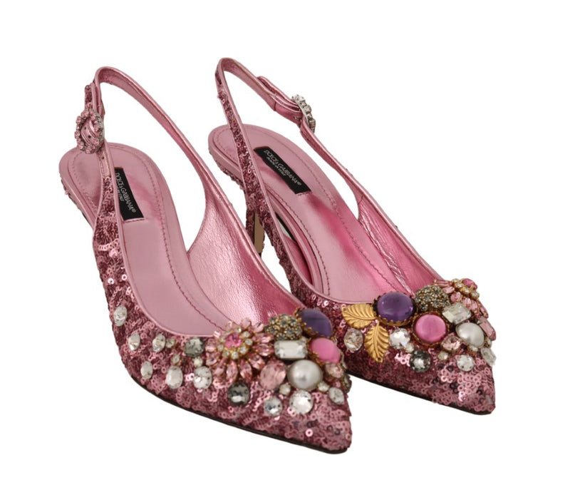 Pink Leather Sequin Crystal Slingback Shoes