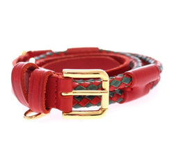 Red Leather Logo Gold Buckle Belt
