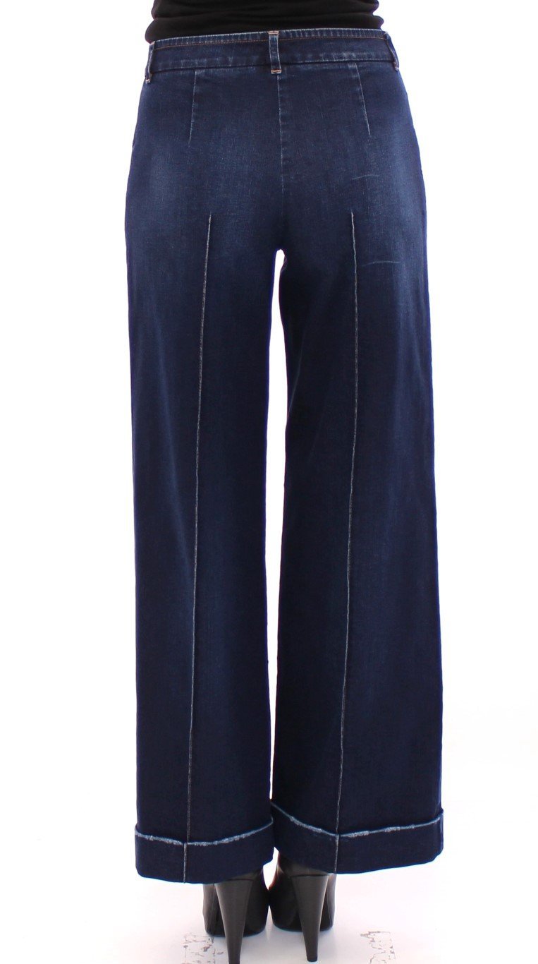 Blue Cotton Solid Pattern Logo Jeans Pants