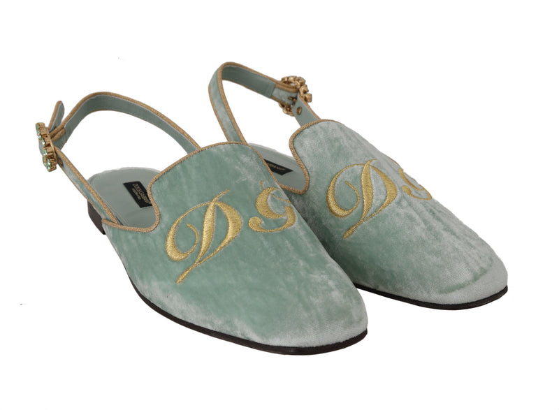 Green Velvet Crystal Sandals Mules Shoes
