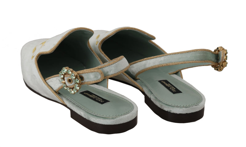 Green Velvet Crystal Sandals Mules Shoes