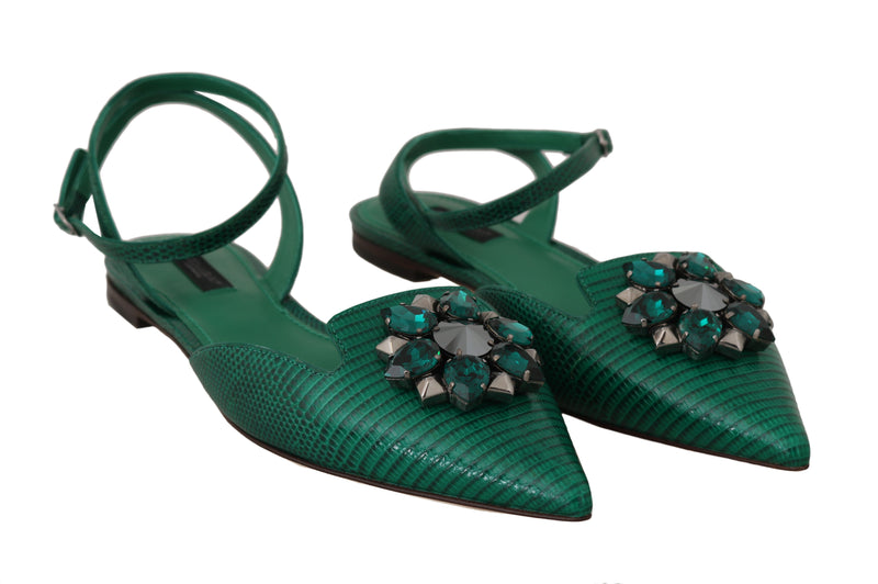 Green Leather Iguana Crystal Sandals