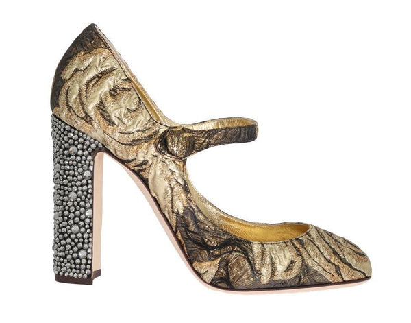 Gold Jacquard Crystal Floral Leather Shoes