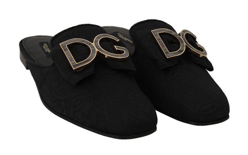 Black Brocade Logo Sandals Mules