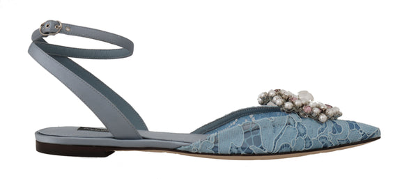 Blue Silk Lace Crystal Pearl Sandals