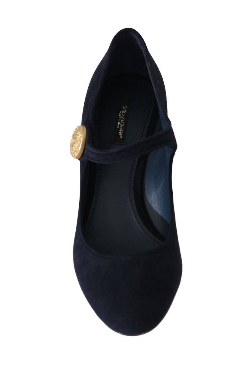 Blue Suede Gold Coin Mary Jane Pumps