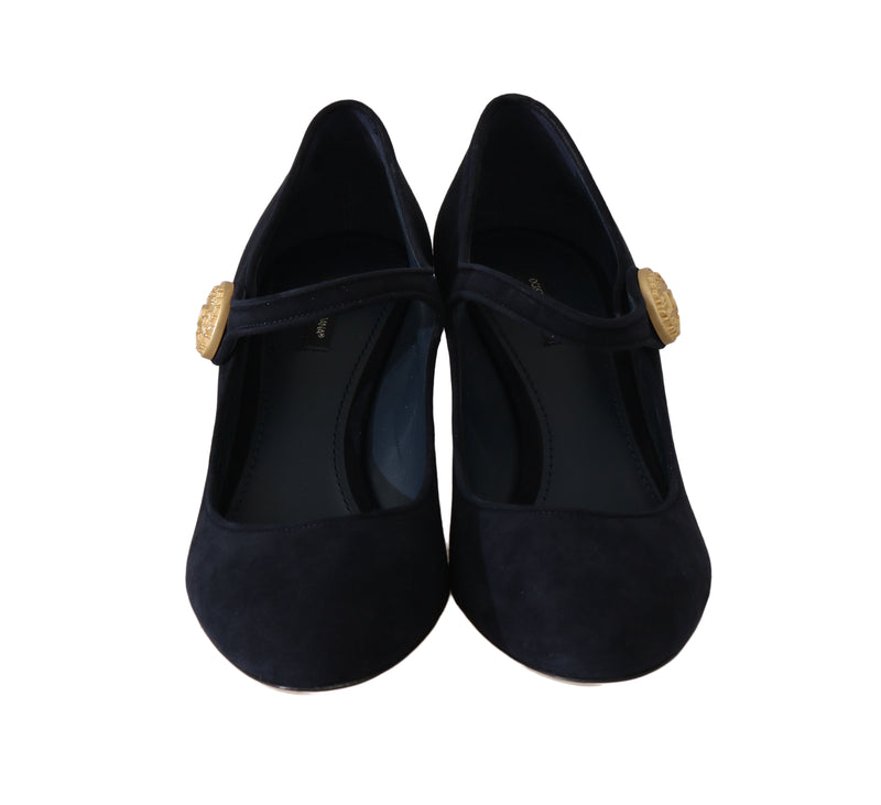 Blue Suede Gold Coin Mary Jane Pumps