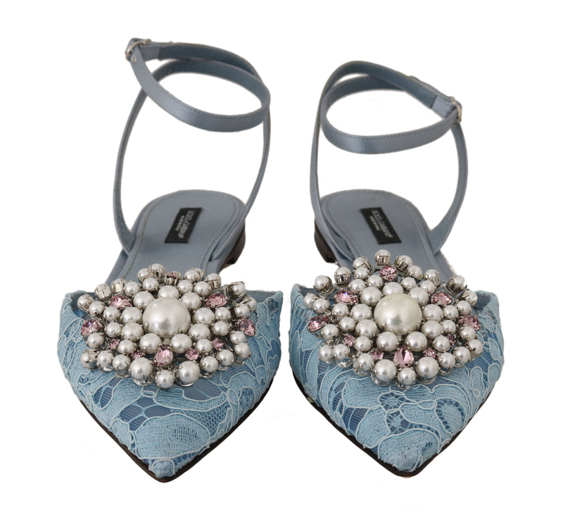 Blue Silk Lace Crystal Pearl Sandals