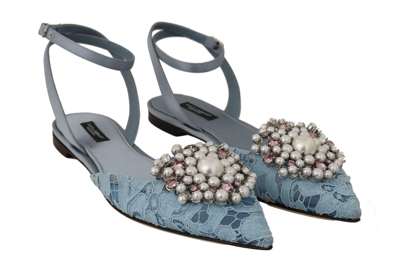 Blue Silk Lace Crystal Pearl Sandals