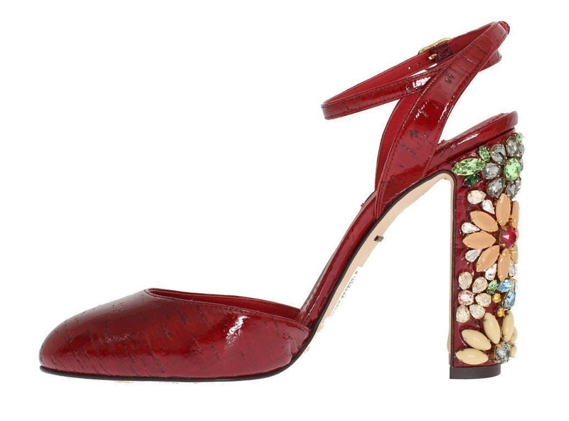 Red Leather Floral Crystal Shoes
