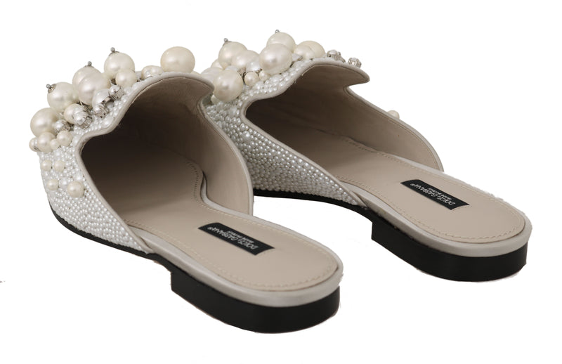 Gray Satin Leather Pearl Lace Mules