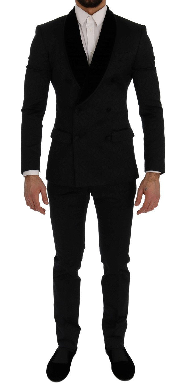 Black Brocade Double Breasted Slim Suit