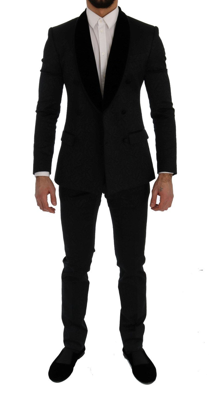Black Brocade Double Breasted Slim Suit