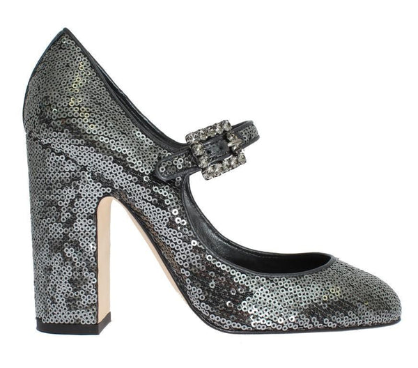 Gray Leather Sequined Mary Janes Shoes