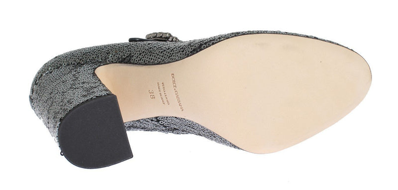 Gray Leather Sequined Mary Janes Shoes