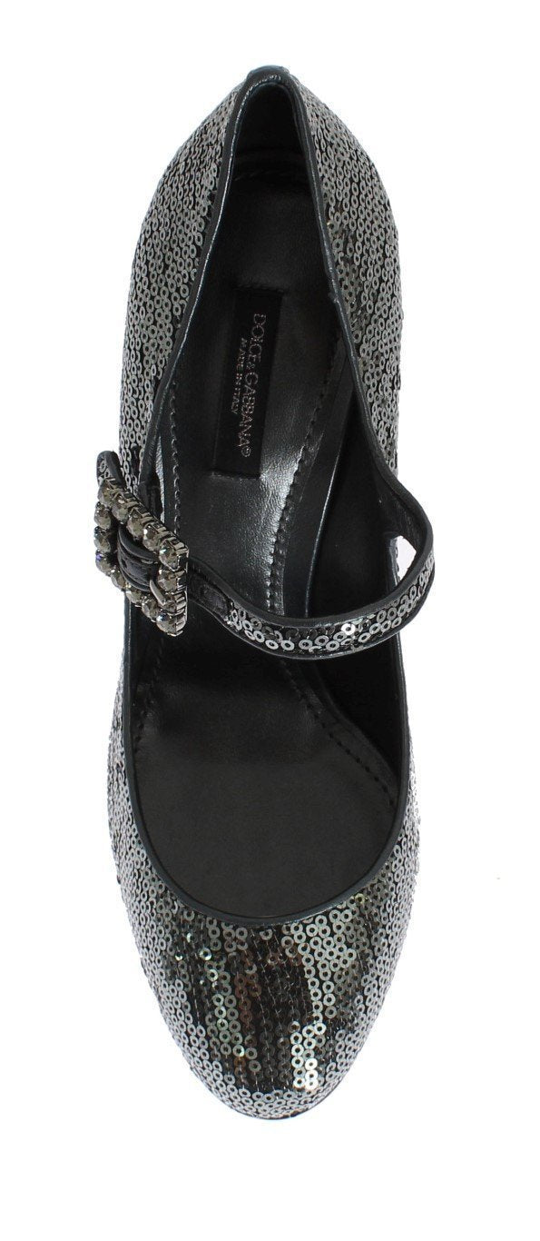 Gray Leather Sequined Mary Janes Shoes