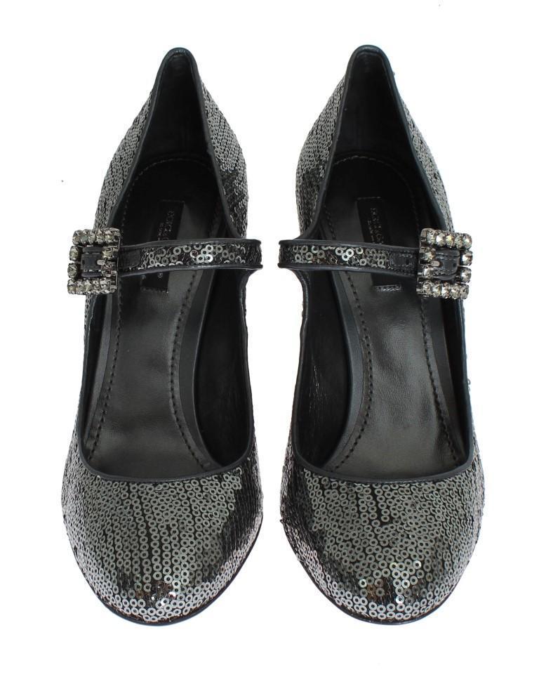 Gray Leather Sequined Mary Janes Shoes