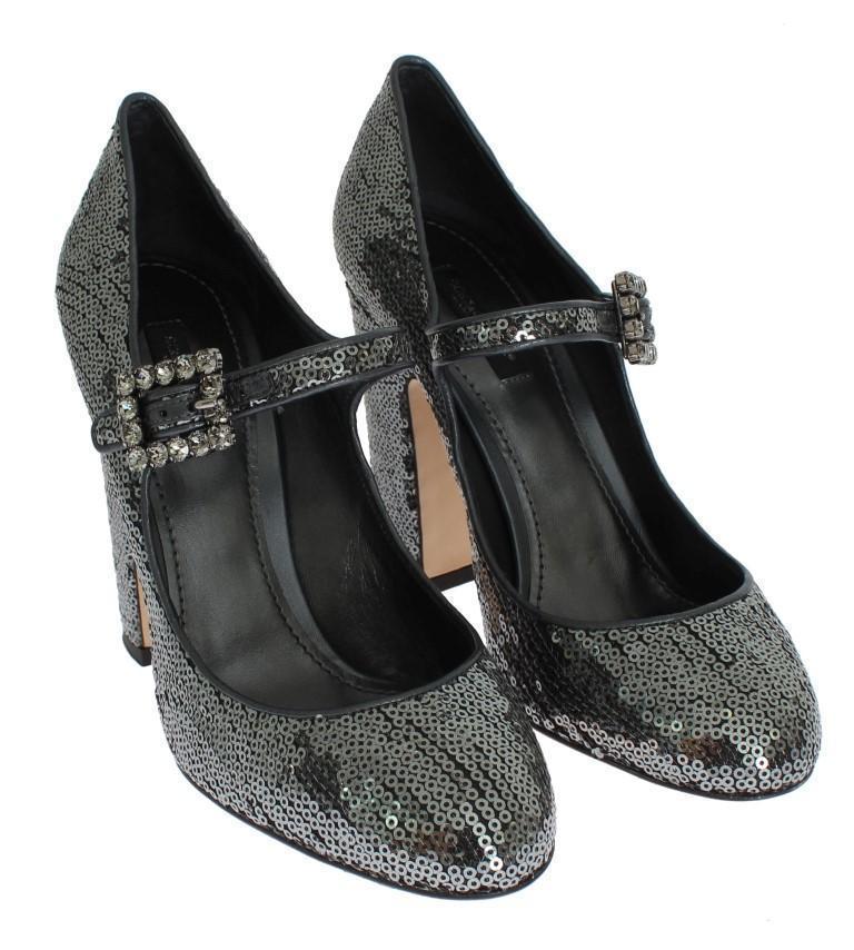 Gray Leather Sequined Mary Janes Shoes