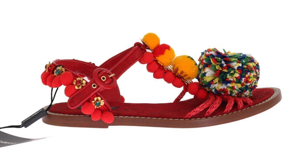 Red Leather Crystal Pom Pom Sandals