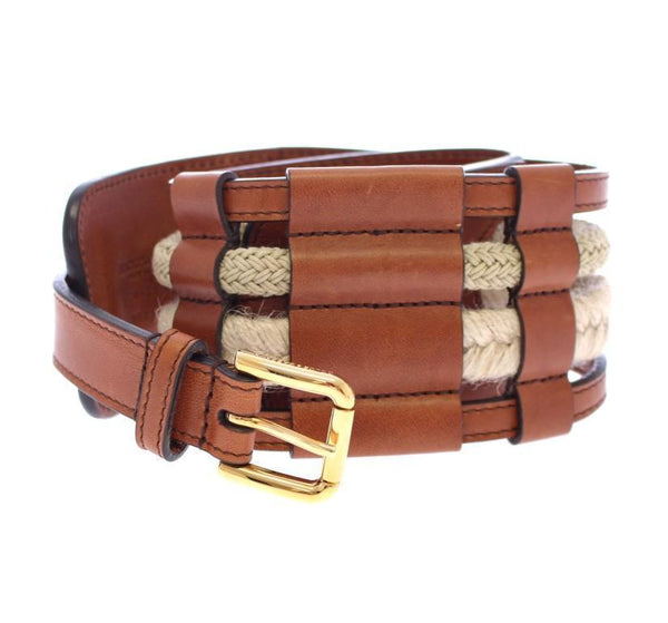 Brown Leather Logo Straw Belt