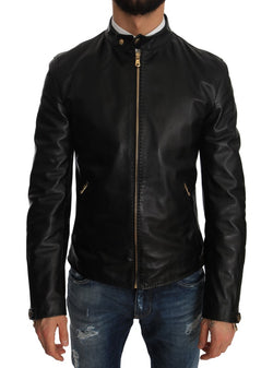 Black Lambskin Leather Biker Coat Jacket