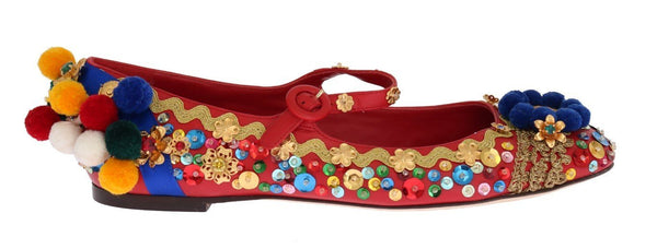 Multicolor Pom Pom Leather Crystal Ballerinas