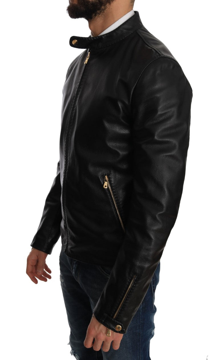 Black Lambskin Leather Biker Coat Jacket