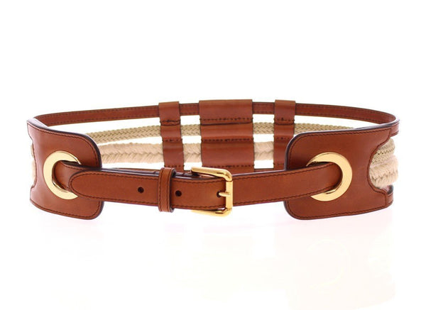 Brown Leather Logo Straw Belt