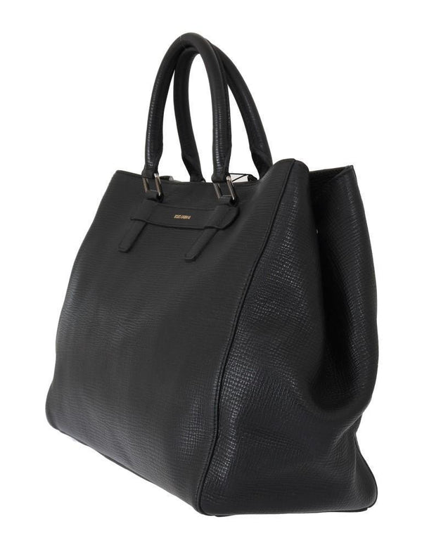 Black Leather Shopping Tote Bag