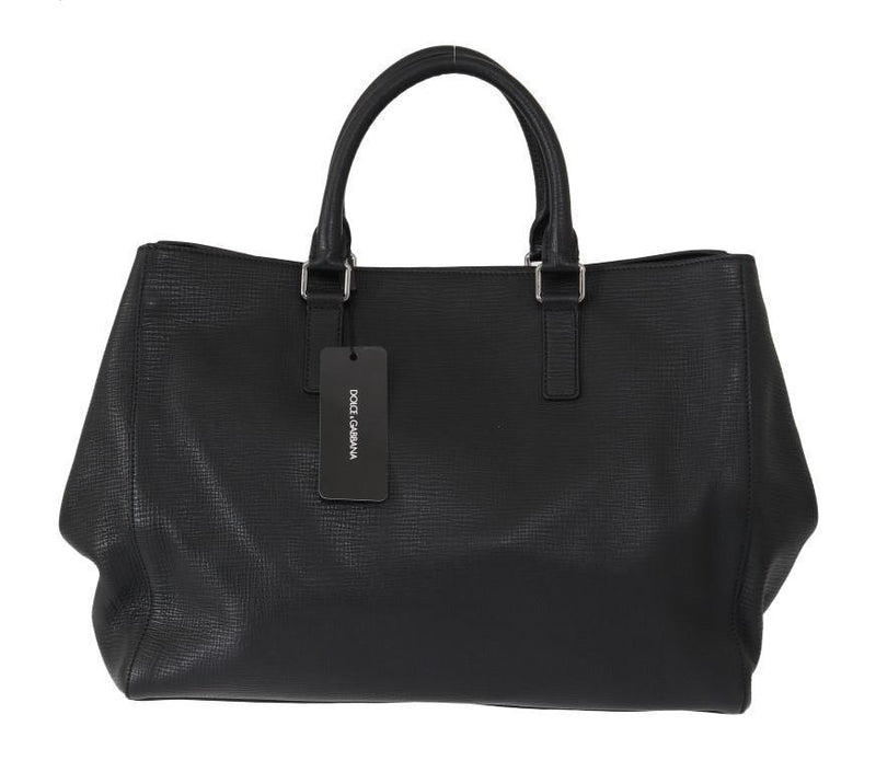 Black Leather Shopping Tote Bag