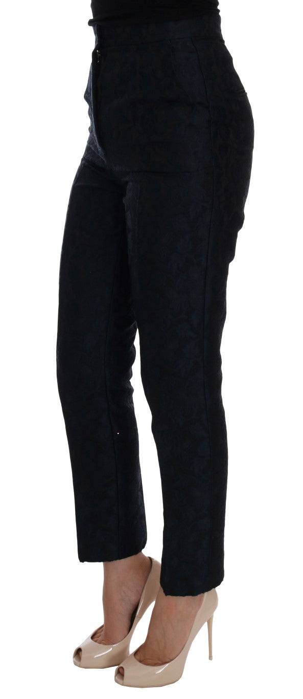 Black Brocade Blue Floral Straight Pants