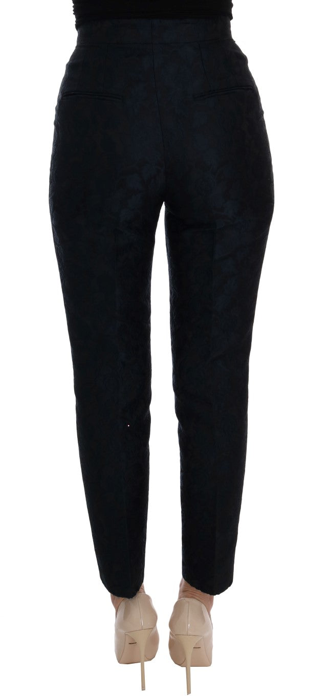 Black Brocade Blue Floral Straight Pants