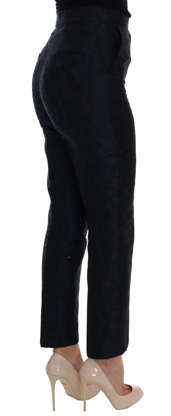 Black Brocade Blue Floral Straight Pants