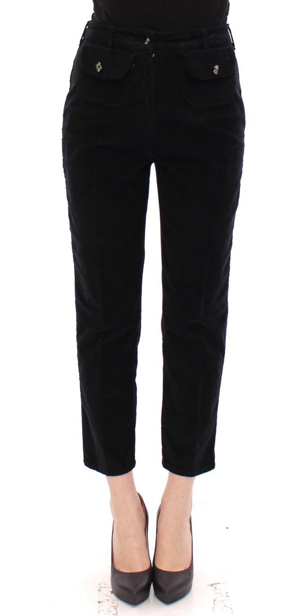 Black Cotton Cropped Corduroys Jeans Pants