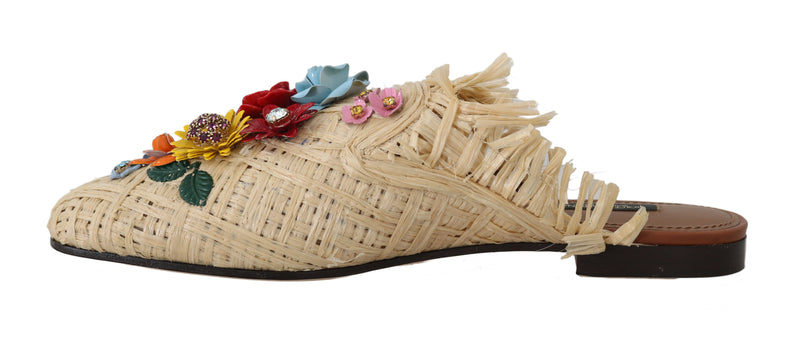 Beige Raffia Crystal Floral Mules