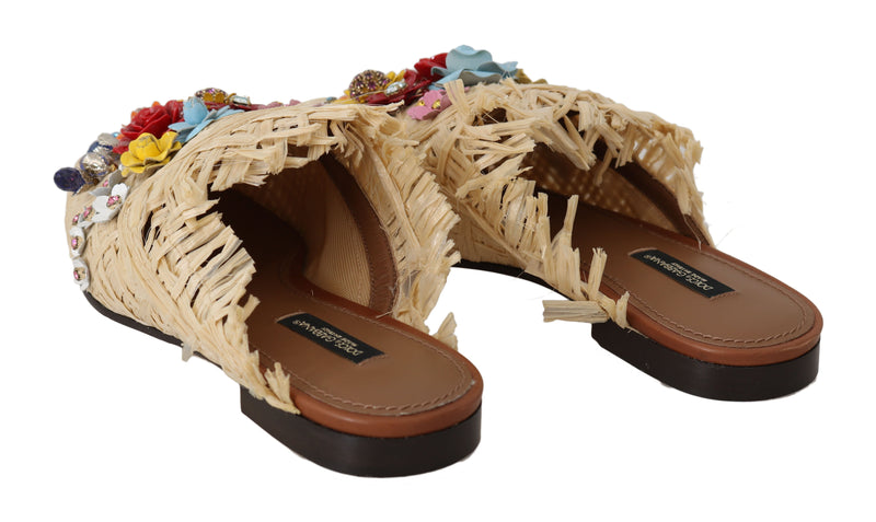 Beige Raffia Crystal Floral Mules