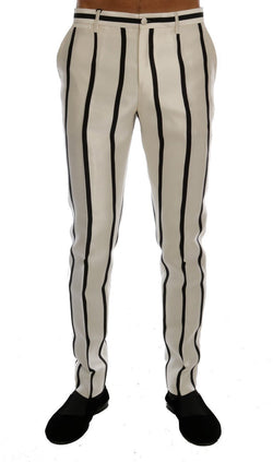 White Black Striped 100% Silk Pants