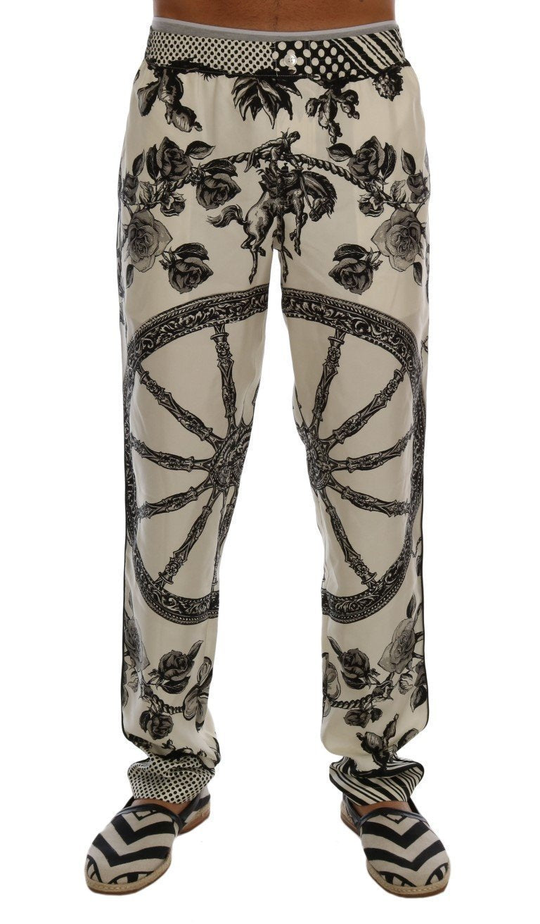 White Carretto Floral Print Silk Pants