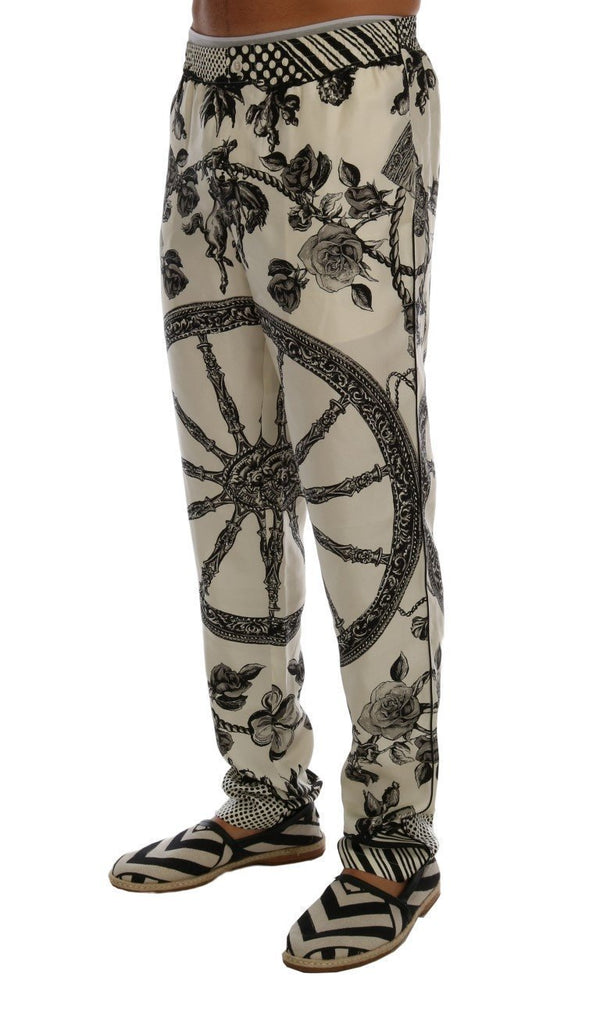 White Carretto Floral Print Silk Pants