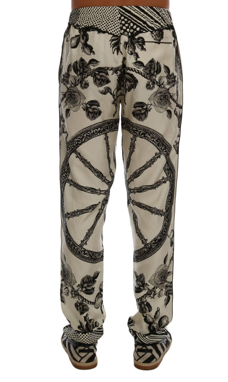 White Carretto Floral Print Silk Pants