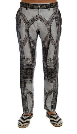 Gray 100% Silk Chinoiserie Print Pants