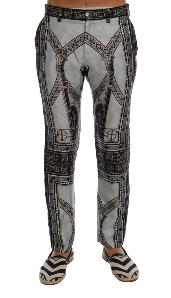 Gray 100% Silk Chinoiserie Print Pants