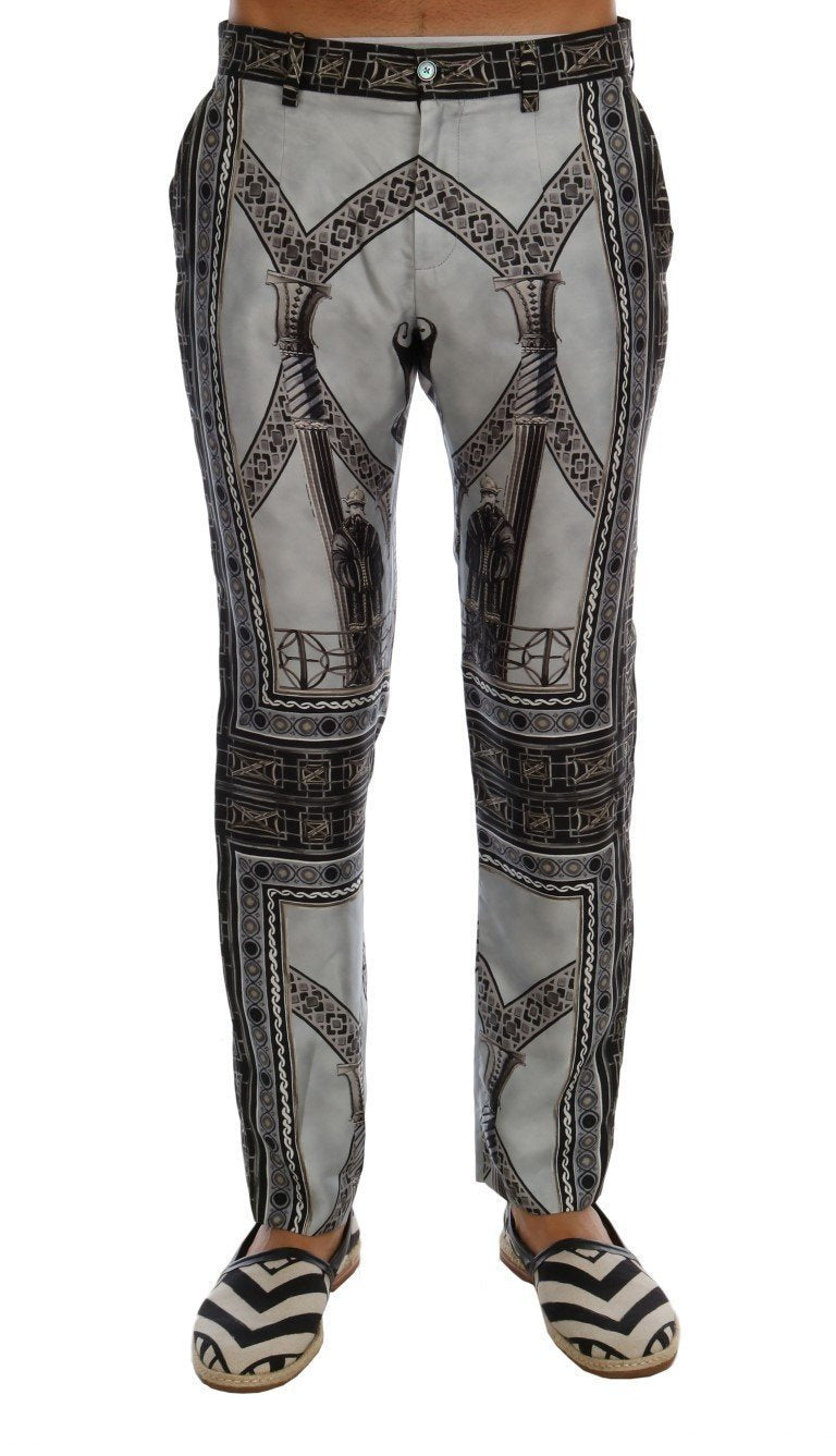 Gray 100% Silk Chinoiserie Print Pants